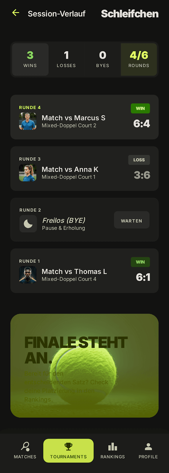 Session-Verlauf — Wins, Losses und Rundenübersicht