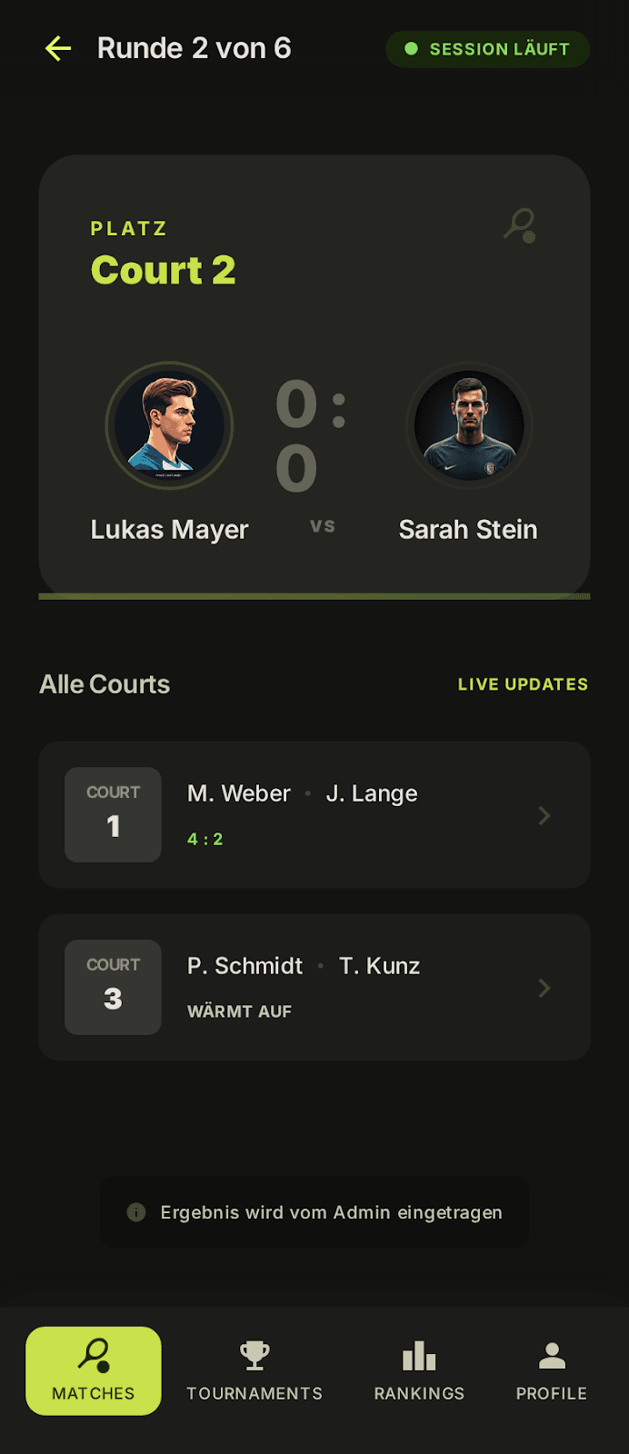 Live Session — Court-Übersicht mit Spielern und Ergebnissen