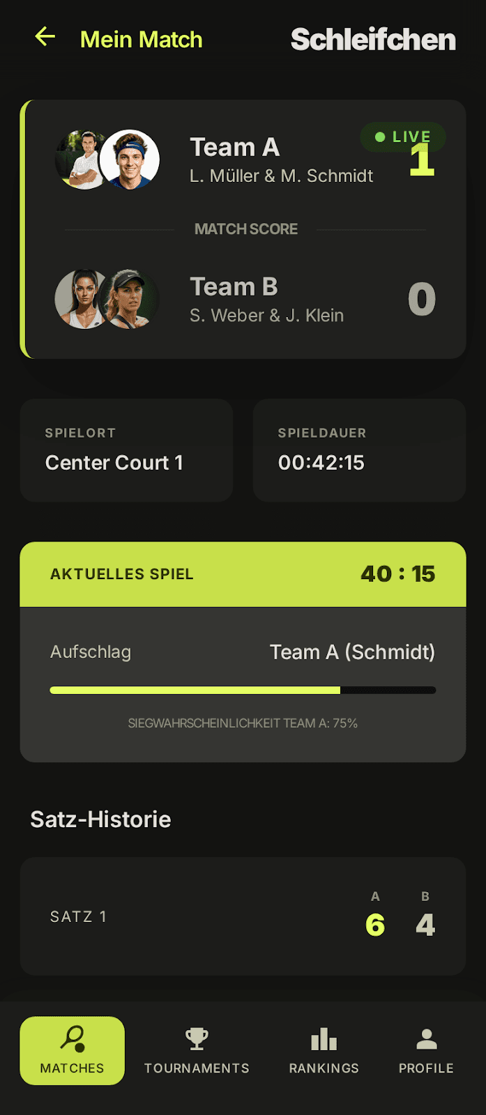 Match-Detail — Spielstand, Teams und Satz-Historie